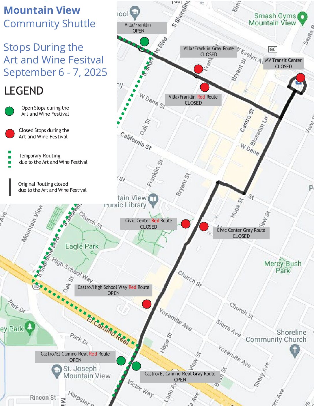 Temporary Stop Closures During the Mountain View Art & Wine Festival, September 6-7
