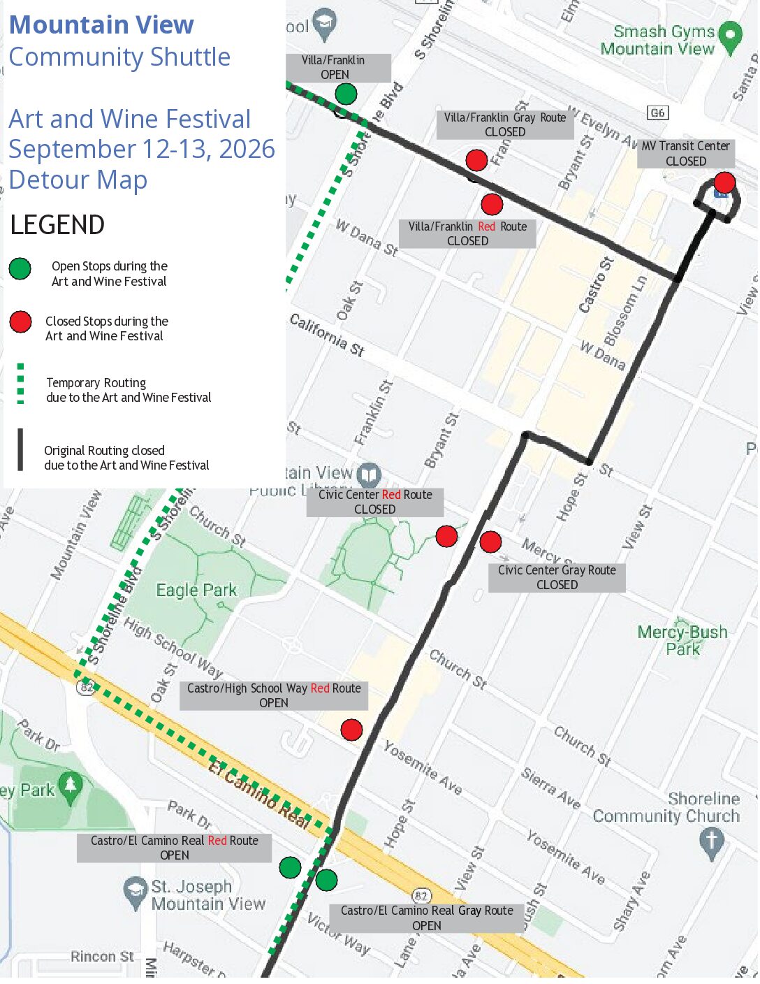 Temporary Stop Closures During the Mountain View Art & Wine Festival, September 12-13